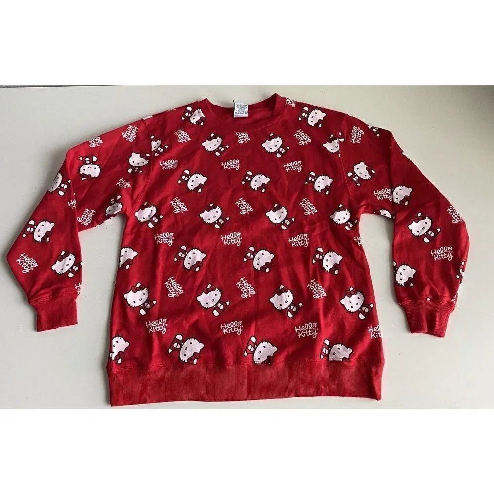 Hello Kitty All Over Red Crewneck Sweatshirt Women’s Sz M NEW No Tags Bioworld